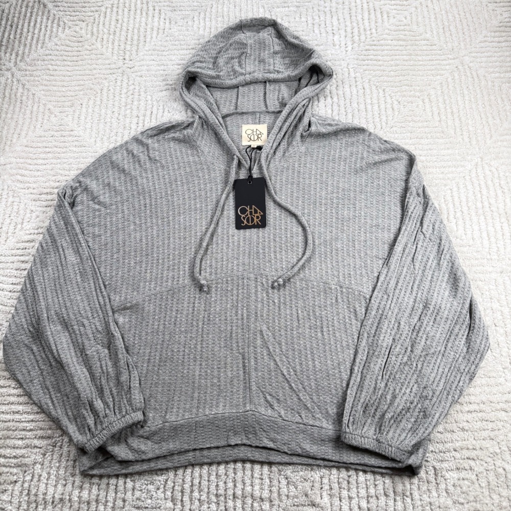 Chaser Waffle Knit Hoodie Women's Medium Gray Relaxed Thermal NWT Minimalist